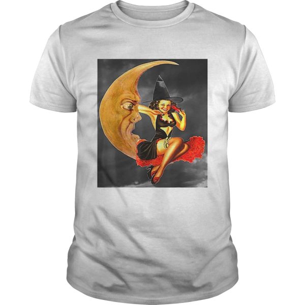 Nice Vintage Pin Up Girl Witch on Moon Halloween shirt