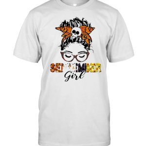 September girl messy bun hair pumpkin halloween shirt