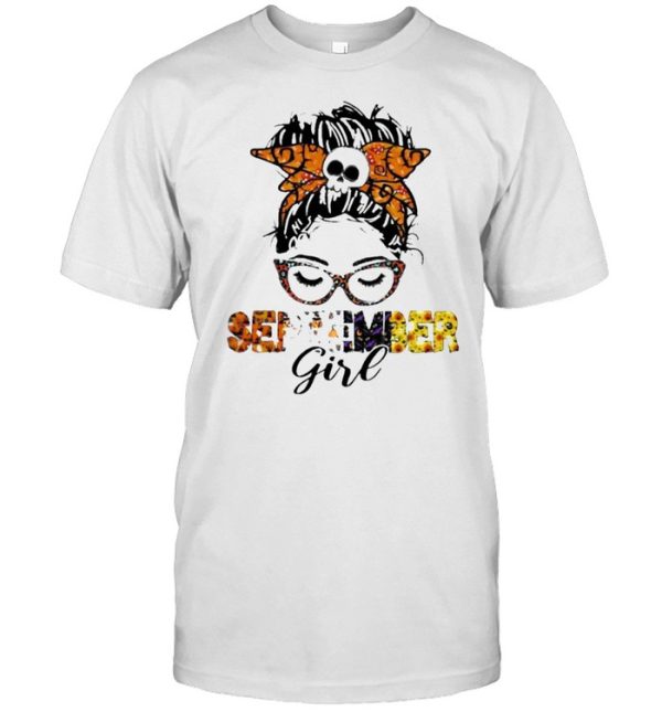 September girl messy bun hair pumpkin halloween shirt