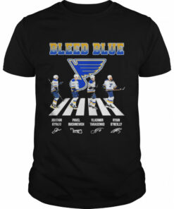 The Bleed Blue Jordan Kyrou Pavel Buchnevich Vladimir Tarasenko Ryan O'Reilly abbey roads sigantures shirt 1