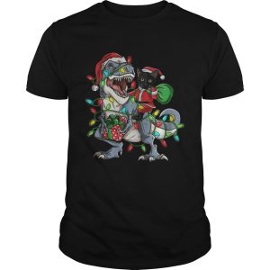 Black Cat Riding Trex Merry Christmas shirt