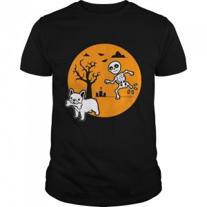 French Bulldog Dog Skeleton Bone Halloween Costume Sunset T-shirt