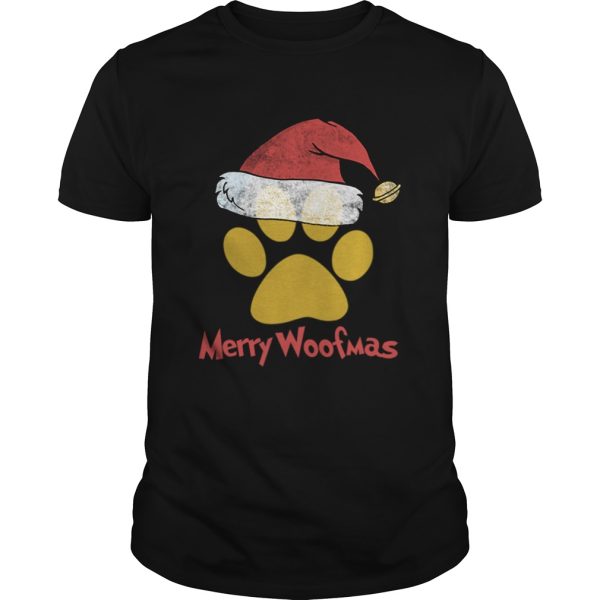 Merry Woofmas Christmas Paw Print Santa Hat Xmas Dog shirt