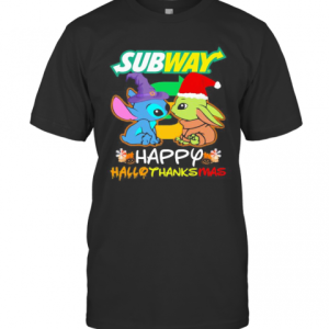 Stitch And Baby Yoda Subway Happy Hallothanksmas Halloween Thanksgiving Christmas T-Shirt