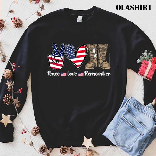 New Peace Love Remember Combat Boots Usa Flag Veteran Day T-shirt