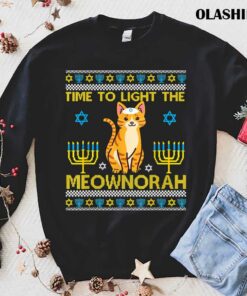Official Light The Meownorah Jewish Cat Menorah Lover Ugly Chanukah T shirt 1