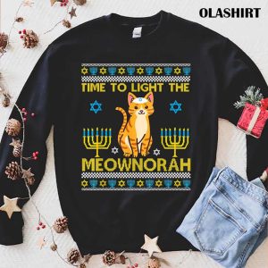 Official Light The Meownorah Jewish Cat Menorah Lover Ugly Chanukah T-shirt