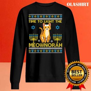 Official Light The Meownorah Jewish Cat Menorah Lover Ugly Chanukah T-shirt