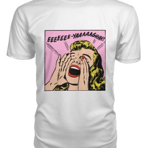 Funny vintage comic pop art girl yelling shirt