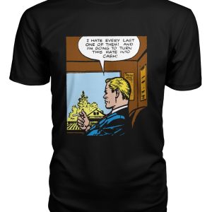 Funny vintage comic pop art man on train hate into cash t- shirt