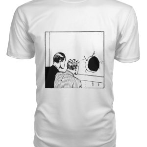 Funny vintage illustration – men staring at hole in wall shirt