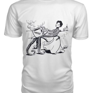 Funny vintage illustration of woman grabbed by coffee cup with tentacles shirt