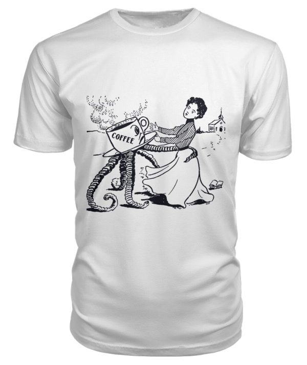 Funny vintage illustration of woman grabbed by coffee cup with tentacles shirt