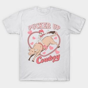 Skeleton riding cow pucker up cowboy Valentine’s Day T-Shirt