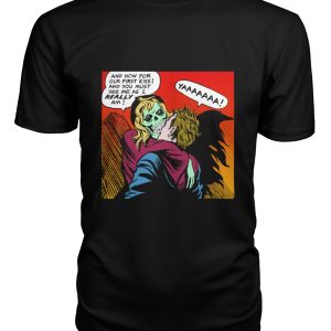 Vintage horror comic pop art design our first kiss t-shirt