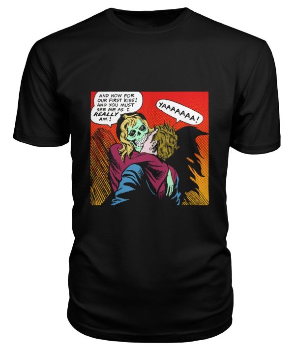 Vintage horror comic pop art design our first kiss t-shirt