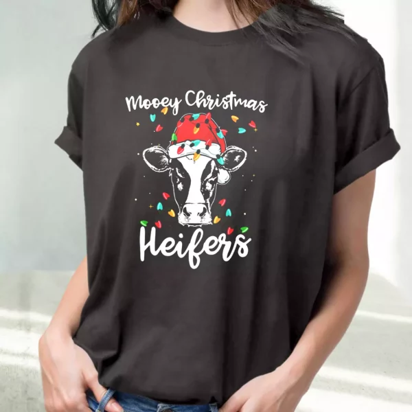 Mooey Christmas Heifers Santa Xmas Lights Cow T Shirt Xmas Design