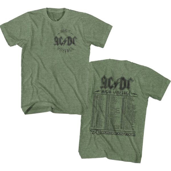 ACDC 1976 High Voltage European Tour Front and Back Green Heather T-shirt