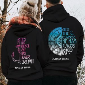 Personalized Compass Anchor Love Couple Pullover Hoodie 1