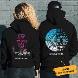 Personalized Compass Anchor Love Couple Pullover Hoodie 2