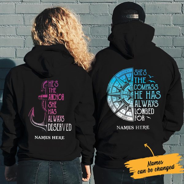 Personalized Compass Anchor Love Couple Pullover Hoodie