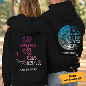 Personalized Compass Anchor Love Couple Pullover Hoodie 3