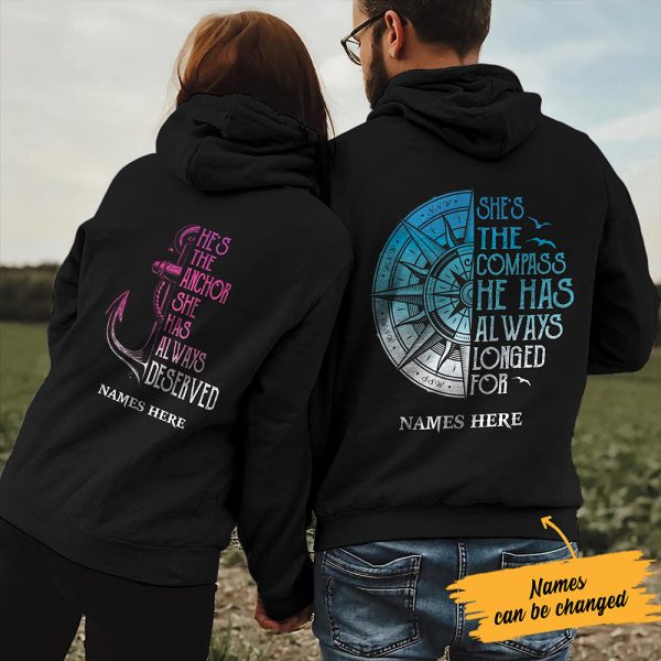 Personalized Compass Anchor Love Couple Pullover Hoodie