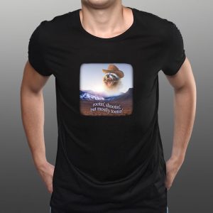 Snazzy Seagull Rootin’ Shootin’ But Mostly Tootin’ Raccoon Cowboy T-Shirt