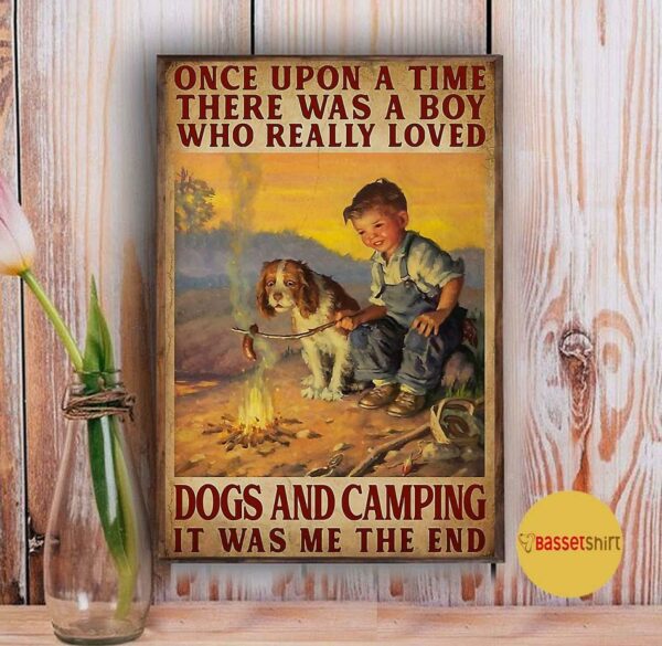 A boy who really loved dogs and camping vertical poster