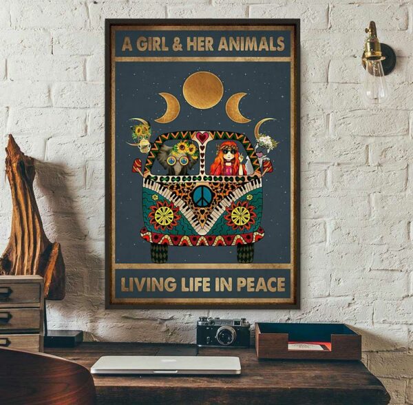 A girl and her animals living life in peace hippie poster