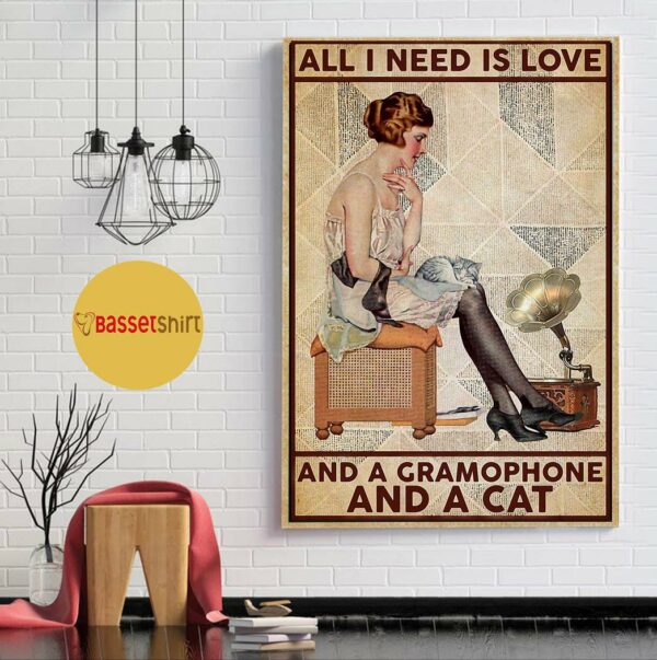 All I need is love gramophone and cat poster