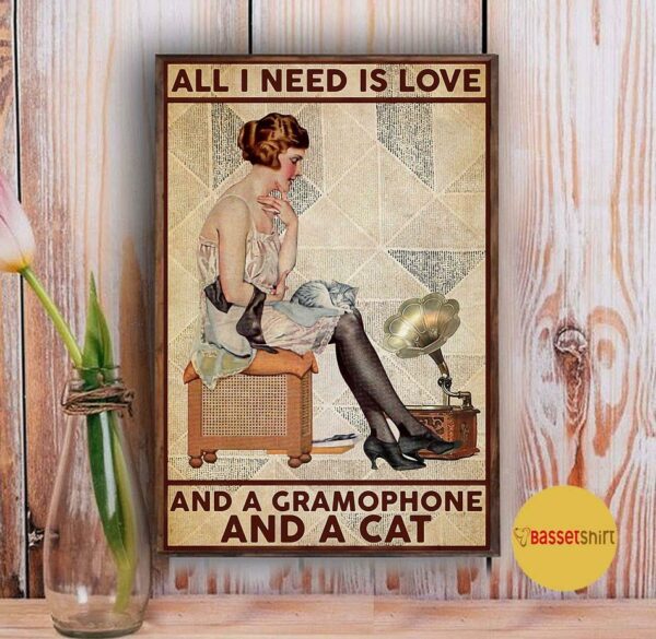 All I need is love gramophone and cat poster