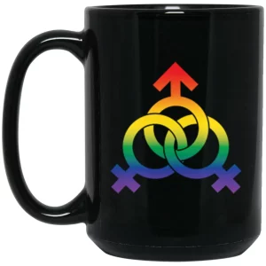 Rainbow threesome symbol on a 15oz black ceramic mug