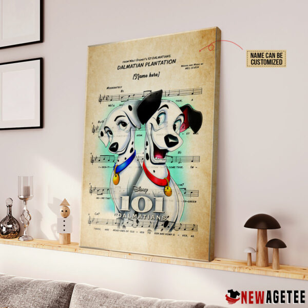 101 Dalmatians Pongo and Perdita over Dalmatian Plantation Sheet Music Poster Canvas