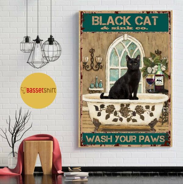 Bathroom black cat wash your paws vintage poster