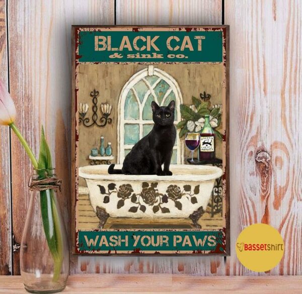 Bathroom black cat wash your paws vintage poster