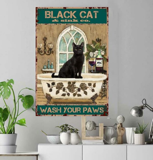 Bathroom black cat wash your paws vintage poster