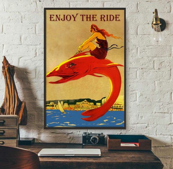 Beach girl riding red fish enjoy the ride poster