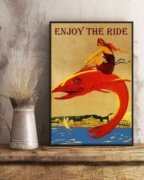 Beach girl riding red fish enjoy the ride poster