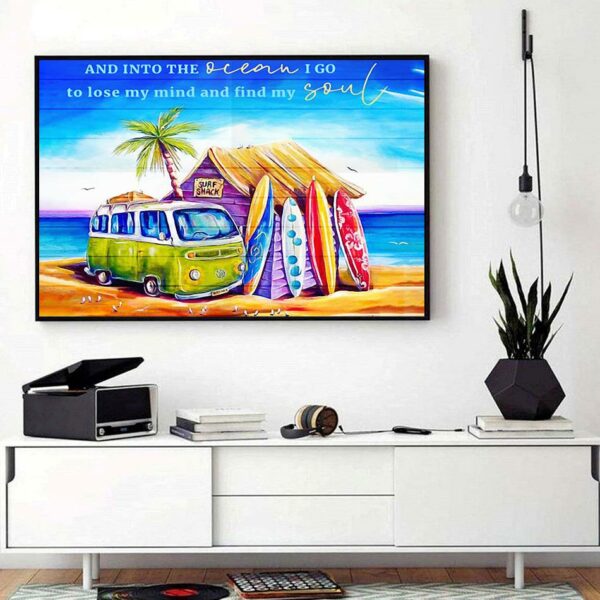 Beach travel car poster and into the ocean I go to lose my mind and find my soul