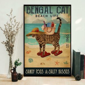 Bengal Cat beach life sandy toes and salty kisses poster canvas 1