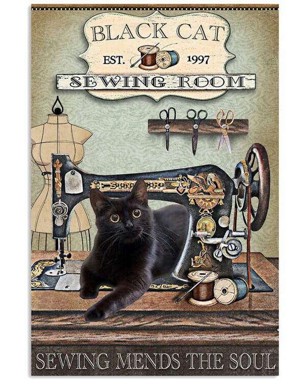 Black Cat Sewing Room Sewing Mends The Soul Vintage Poster, Canvas