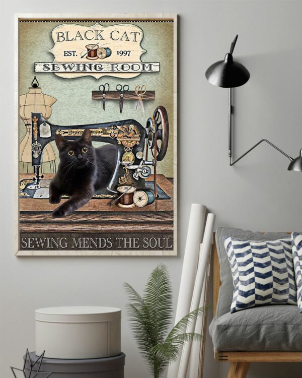 Black Cat Sewing Room Sewing Mends The Soul Vintage Poster, Canvas