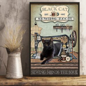 Black Cat Sewing Room Sewing Mends The Soul Vintage Poster Canvas 4