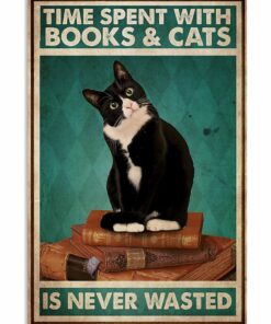 Black Cat Time Spent With Books And Cats Is Never Wasted Vintage Poster Canvas 1