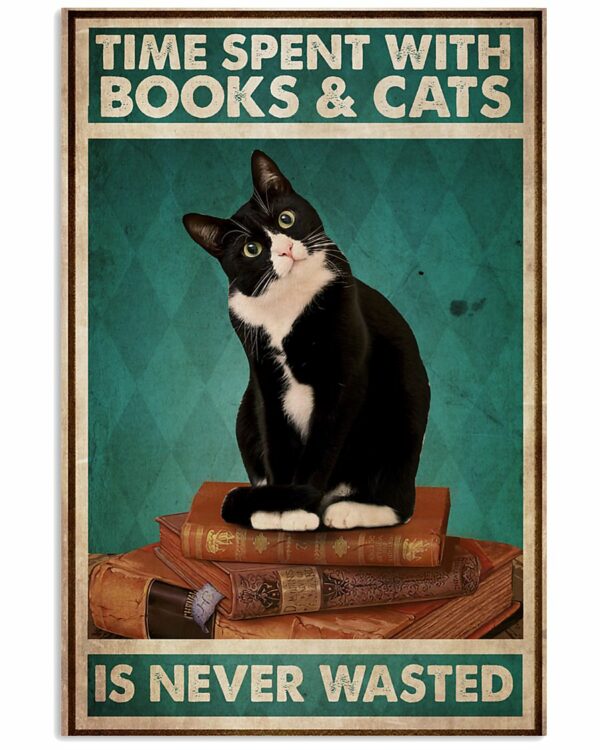 Black Cat Time Spent With Books And Cats Is Never Wasted Vintage Poster, Canvas