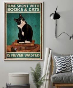 Black Cat Time Spent With Books And Cats Is Never Wasted Vintage Poster, Canvas 1 Black Cat Time Spent With Books And Cats Is Never Wasted Vintage Poster Canvas 2
