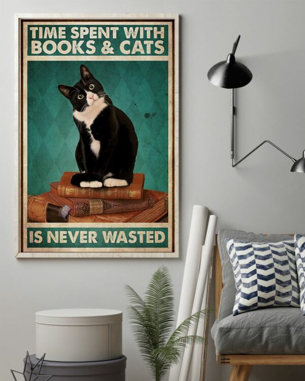 Black Cat Time Spent With Books And Cats Is Never Wasted Vintage Poster, Canvas