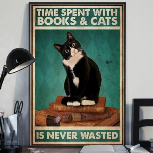 Black Cat Time Spent With Books And Cats Is Never Wasted Vintage Poster Canvas 3