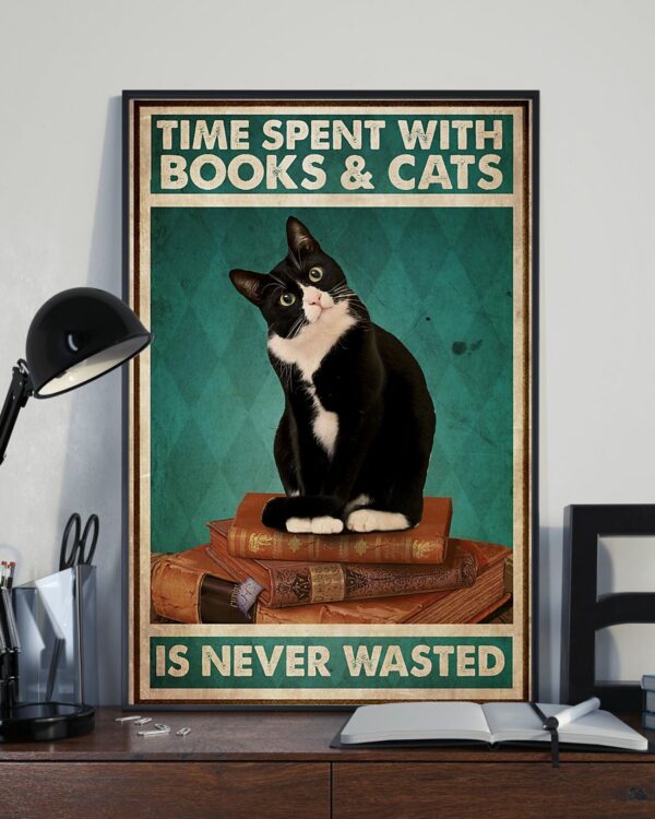 Black Cat Time Spent With Books And Cats Is Never Wasted Vintage Poster, Canvas